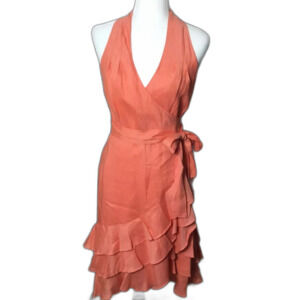 COPY - Lauren Ralph Lauren Orange Linen A-Line Ruffle Halter Midi Wrap Dress